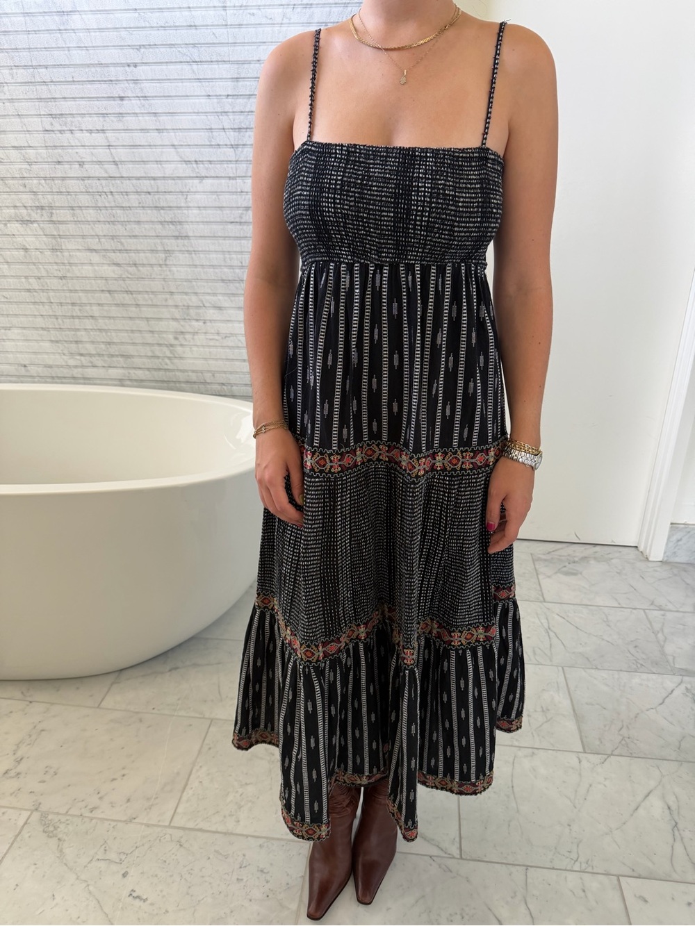 Zara Black Patterned Maxi Dress with Strappy Spaghetti Straps